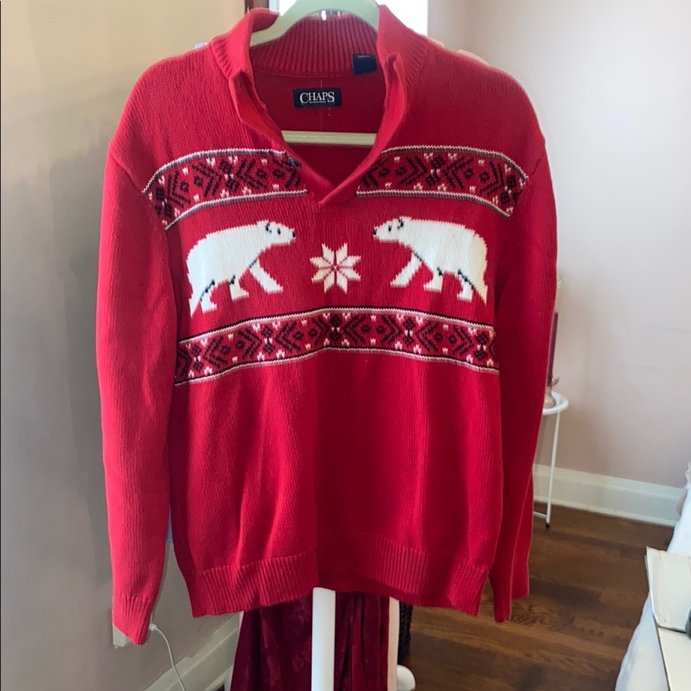 Chaps Red V-Neck Sweater with Polar Bear Motif